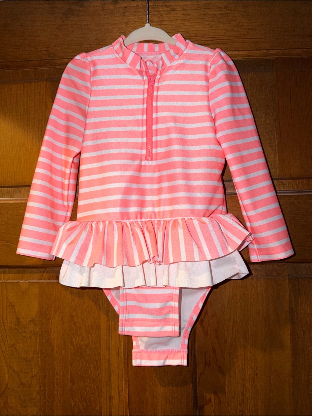 Cat & Jack Pink and White Striped Long-Sleeve One-Piece Swimsuit with Ruffle
